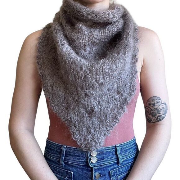 Hand Knit Womens Gray Taupe Mohair Lace Fluffy Soft Shawl Scarf One Size - Picture 1 of 7